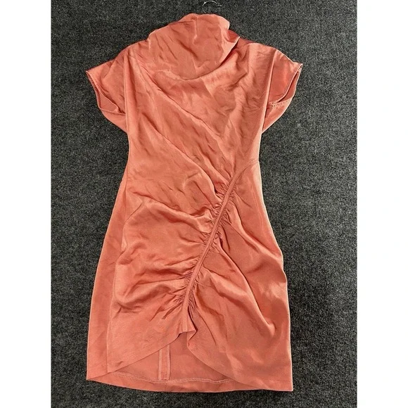 Anthropologie Dress Ruched Asymmetrical Mini Size 0 Pink Club Chic Satin - Picture 2 of 10